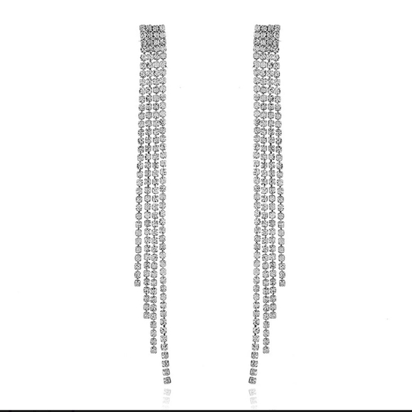 Long Tassel Drop Rhinestone Earrings In Silver Tone - Picture 1 of 11